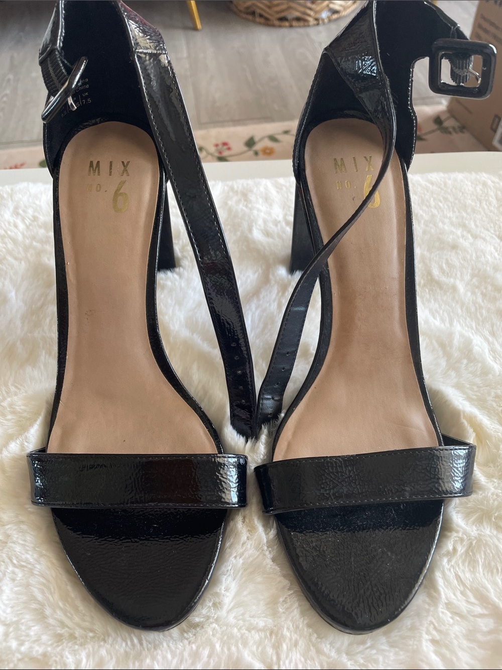 Mix No. 6 Black Patent Strappy High Heels with Ankle Buckle
